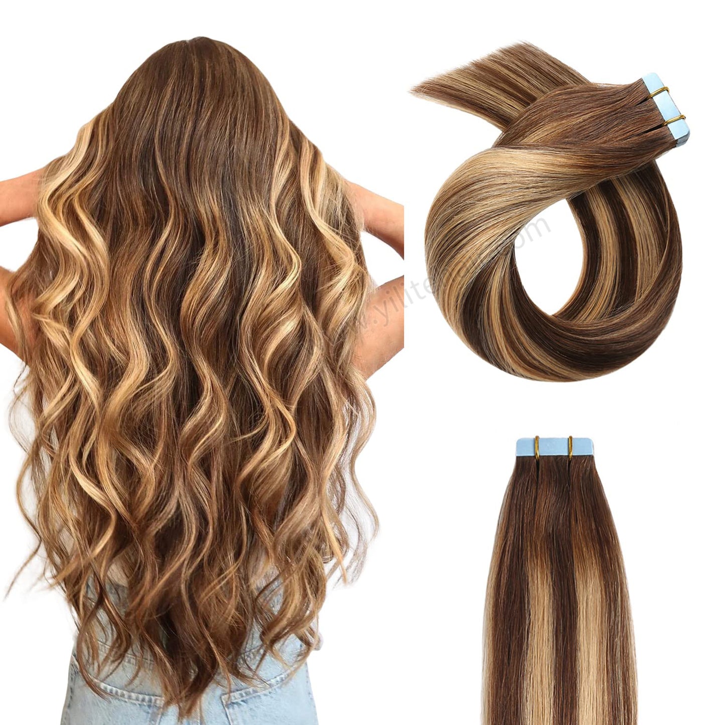 YILITE Tape In Hair Extensions 24Pcs Tape Ins Natural Remy Human Hair (#P4/27/T4 Chocolate Brown to Caramel Blonde)