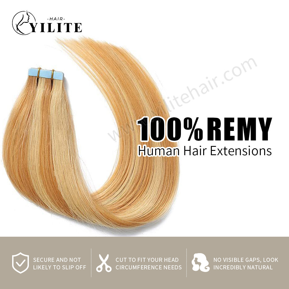 YILITE Tape In Hair Extensions 24Pcs Tape Ins Natural Remy Human Hair (#P27/613)