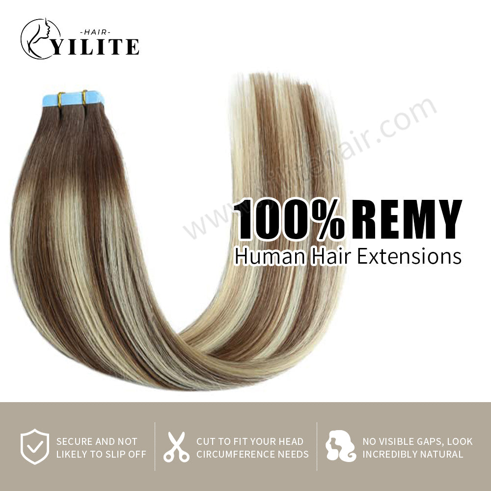 YILITE Tape In Hair Extensions 24Pcs Tape Ins Natural Remy Human Hair (#P6/613/T4)