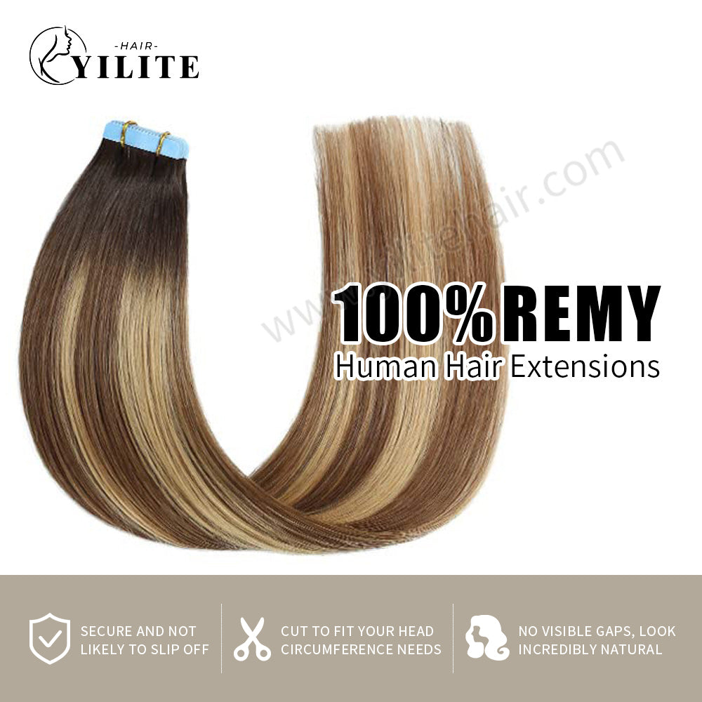 YILITE Tape In Hair Extensions 24Pcs Tape Ins Natural Remy Human Hair (#P6/16/T2)