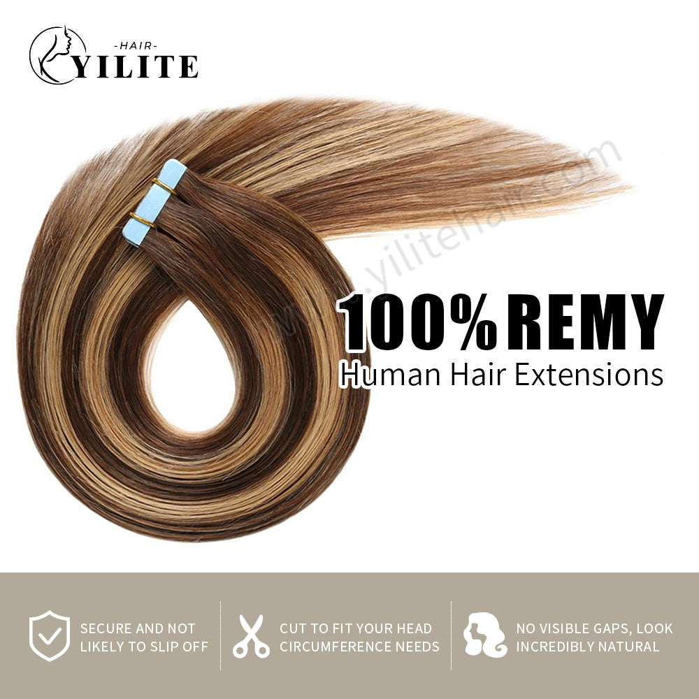 YILITE Tape In Hair Extensions 24Pcs Tape Ins Natural Remy Human Hair (#P4/27/T4)