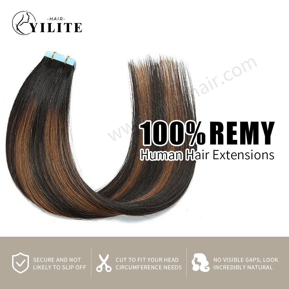 YILITE Tape In Hair Extensions 24Pcs Tape Ins Natural Remy Human Hair (#P1B/6/T1B)