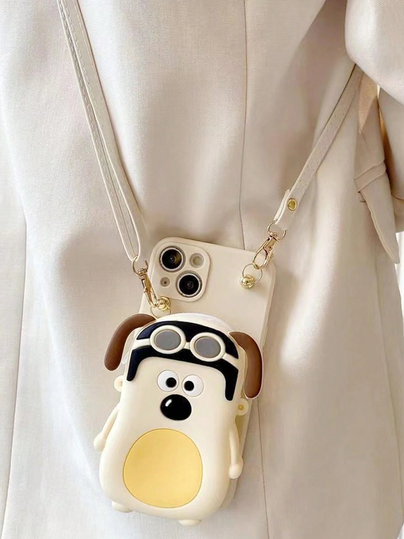 Cute Stuff Vintage White Dog Coin Purse & Apple IPhone 15ProMax Case, Crossbody & Neck Strap Compatible With IPhone 14/13/12 Series