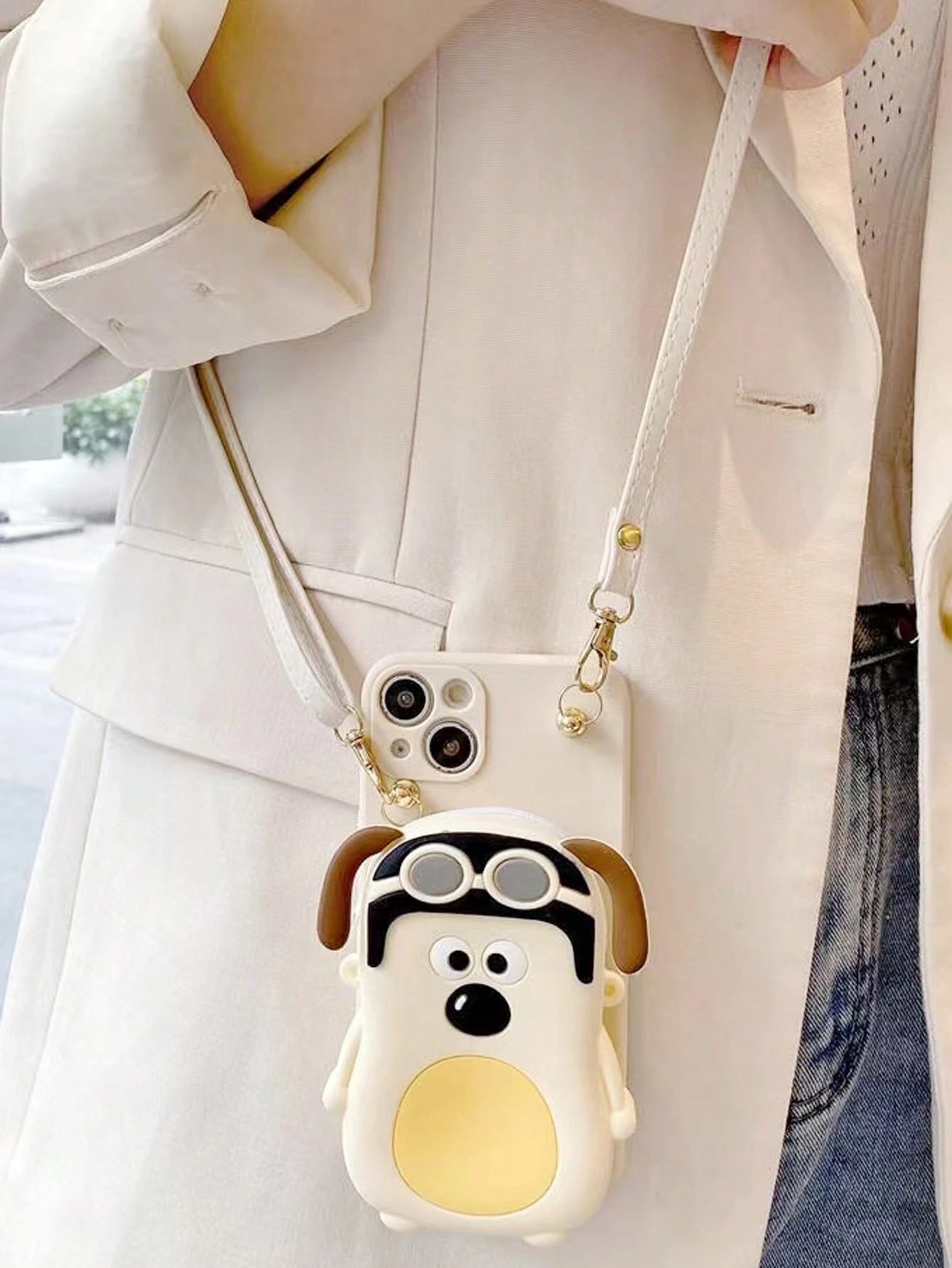 Cute Stuff Vintage White Dog Coin Purse & Apple IPhone 15ProMax Case, Crossbody & Neck Strap Compatible With IPhone 14/13/12 Series