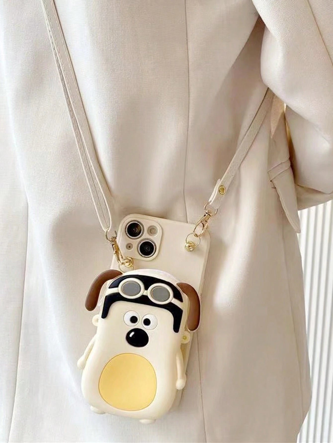 Cute Stuff Vintage White Dog Coin Purse & Apple IPhone 15ProMax Case, Crossbody & Neck Strap Compatible With IPhone 14/13/12 Series