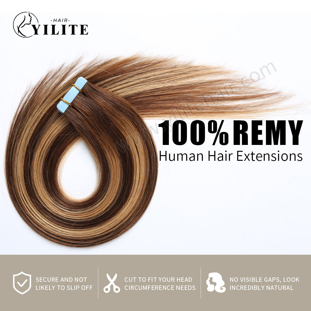 YILITE Tape In Hair Extensions 24Pcs Tape Ins Natural Remy Human Hair (#P4/27/T4 Chocolate Brown to Caramel Blonde)