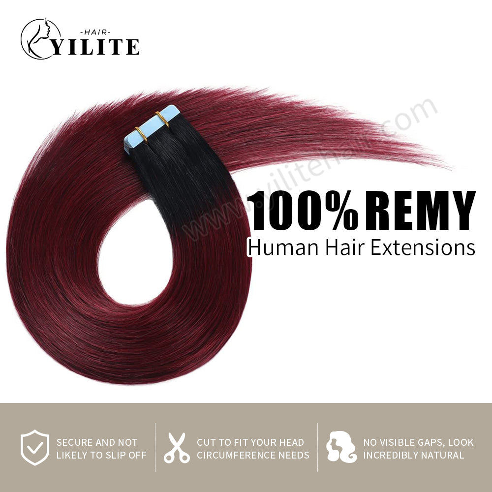 YILITE Tape In Hair Extensions 24Pcs Tape Ins Natural Remy Human Hair (#T1/99J)