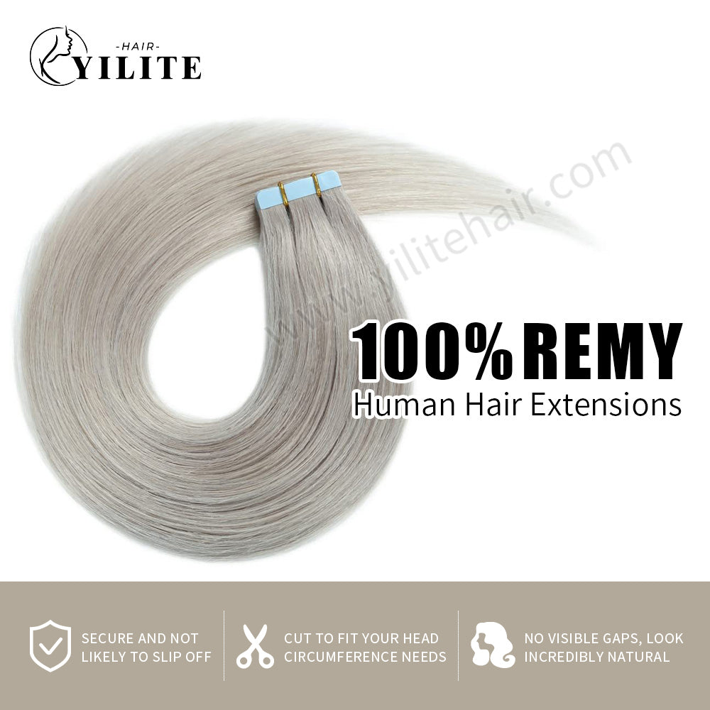 YILITE Tape In Hair Extensions 24Pcs Tape Ins Natural Remy Human Hair (#Silver)