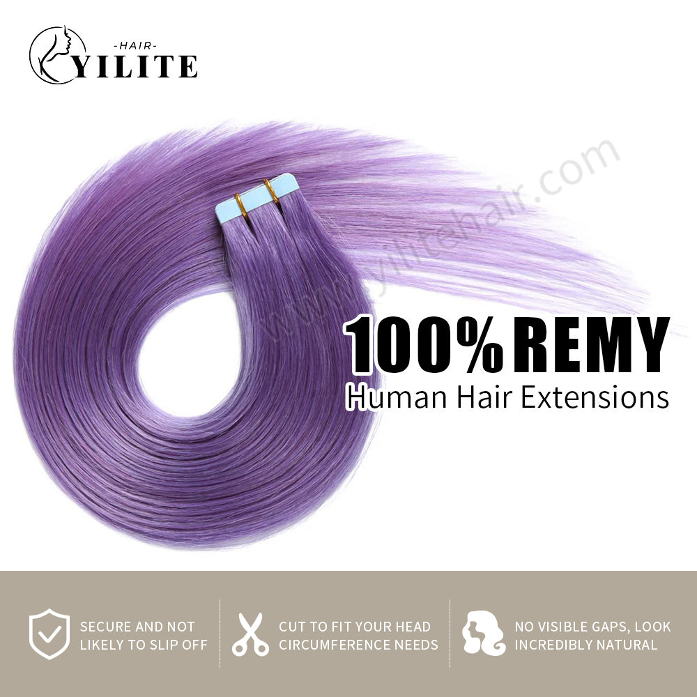 YILITE Tape In Hair Extensions 24Pcs Tape Ins Natural Remy Human Hair (#Purple)