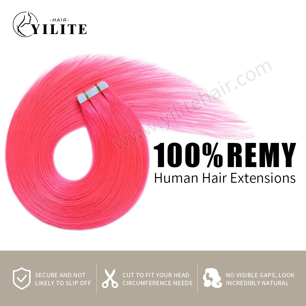 YILITE Tape In Hair Extensions 24Pcs Tape Ins Natural Remy Human Hair (#Hot Pink)