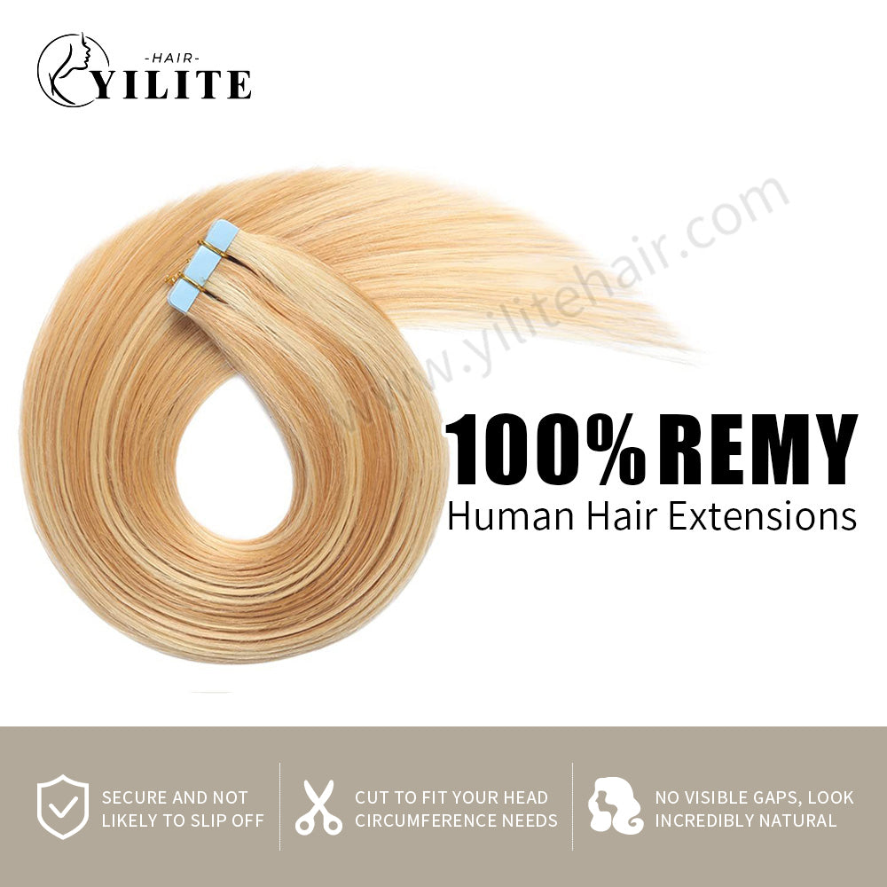 YILITE Tape In Hair Extensions 24Pcs Tape Ins Natural Remy Human Hair (#P27/613 Strawberry Blonde Mixed Bleach Blonde)