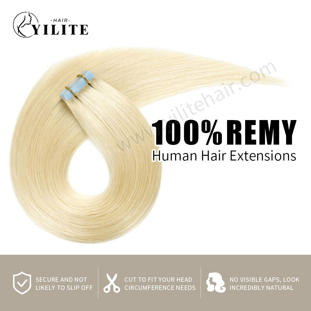 YILITE Tape In Hair Extensions 24Pcs Tape Ins Natural Remy Human Hair (#60 Platinum Blonde)