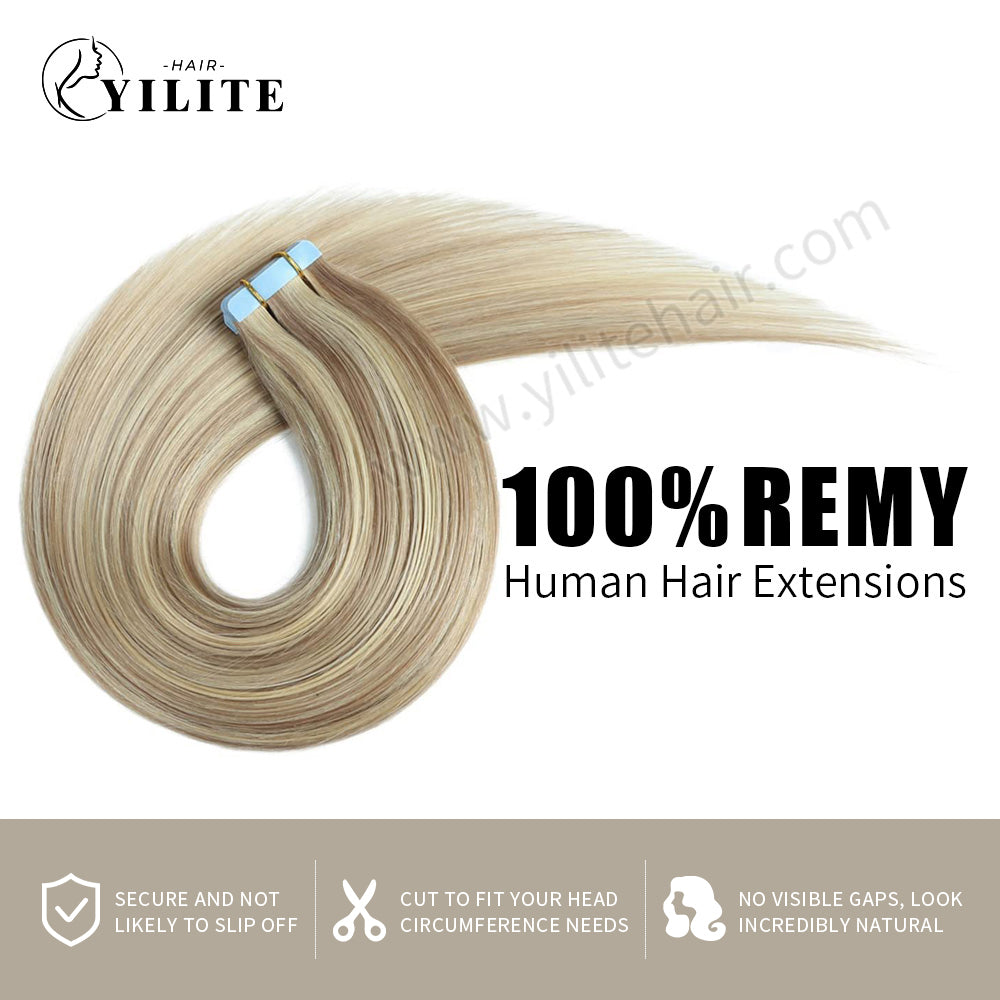 YILITE Tape In Hair Extensions 24Pcs Tape Ins Natural Remy Human Hair (#P18/613)