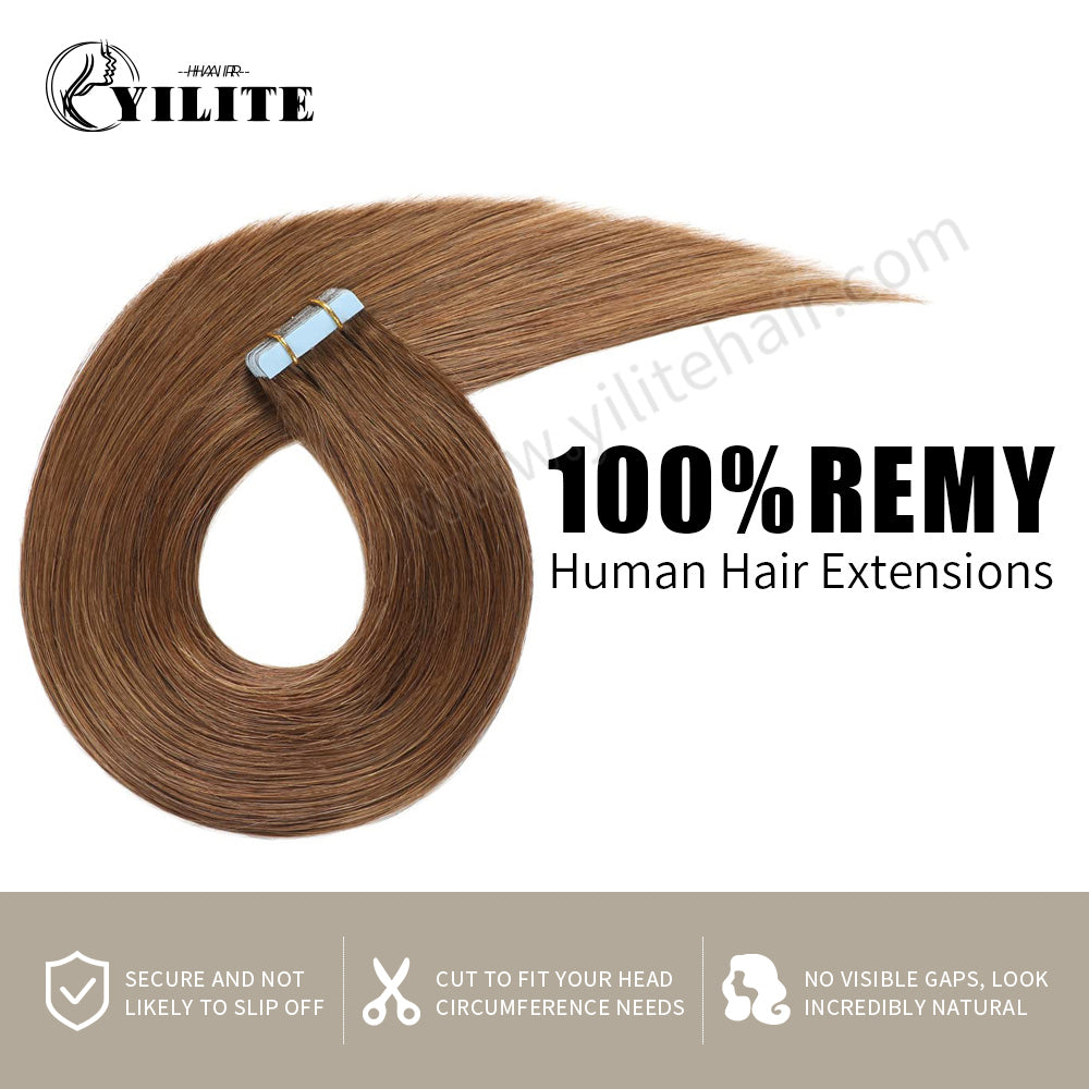 YILITE Tape In Hair Extensions 24Pcs Tape Ins Natural Remy Human Hair (#6 Chestnut Brown)