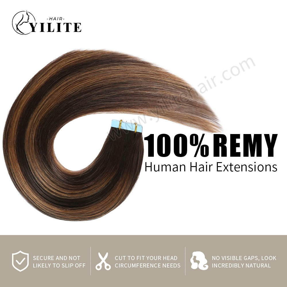 YILITE Tape In Hair Extensions 24Pcs Tape Ins Natural Remy Human Hair (#P2/6/T2)