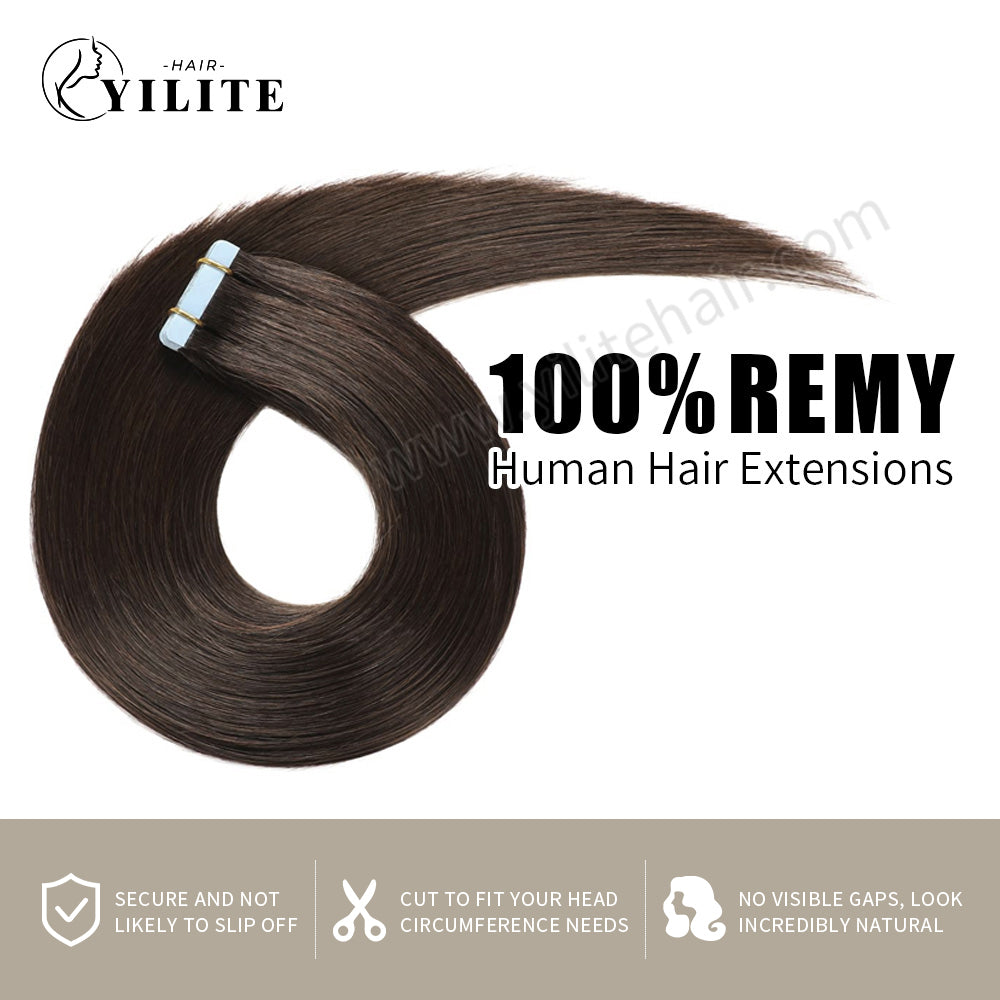 YILITE Tape In Hair Extensions 24Pcs Tape Ins Natural Remy Human Hair (#2 Darkest Brown)