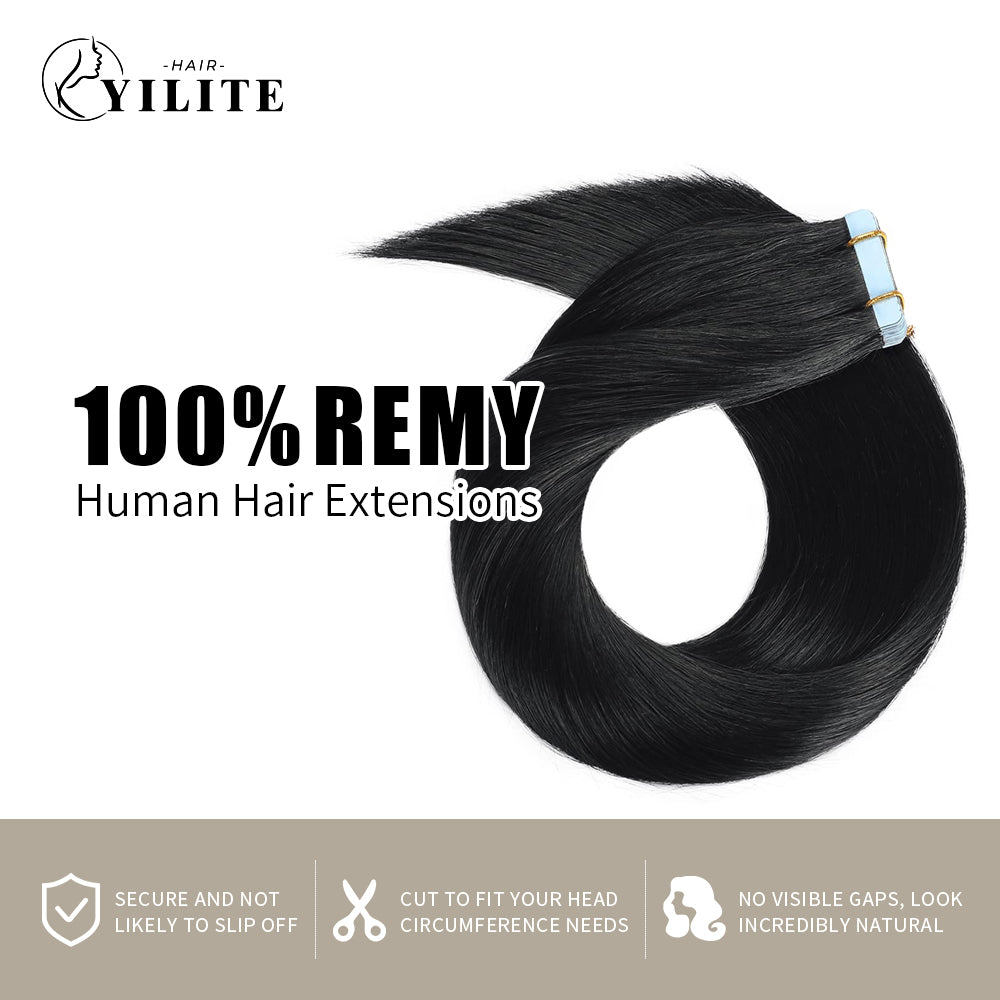 YILITE Tape In Hair Extensions 24Pcs Tape Ins Natural Remy Human Hair  (1# Jet Black)