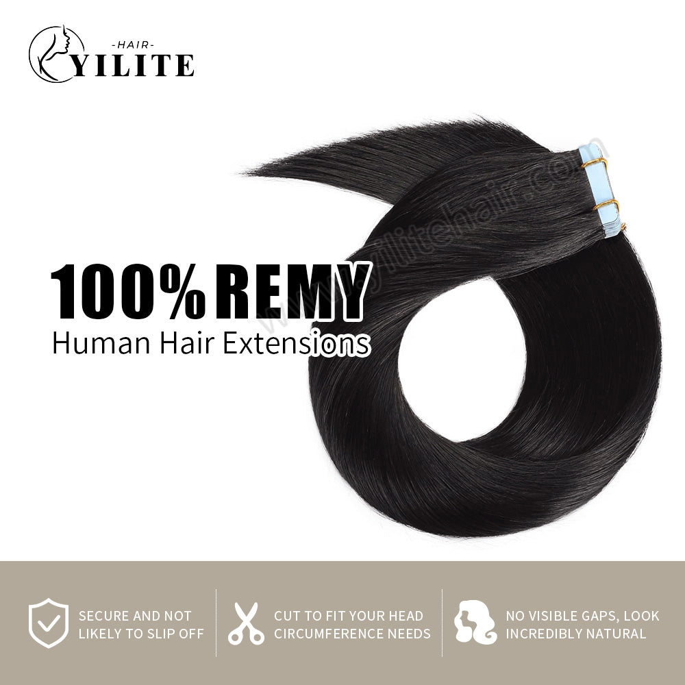 YILITE Tape In Hair Extensions 24Pcs Tape Ins Natural Remy Human Hair (#1 Jet Black )