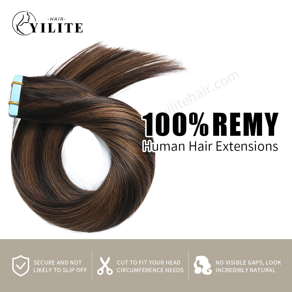 YILITE Tape In Hair Extensions 24Pcs Tape Ins Natural Remy Human Hair (#P1B/6/T1B)