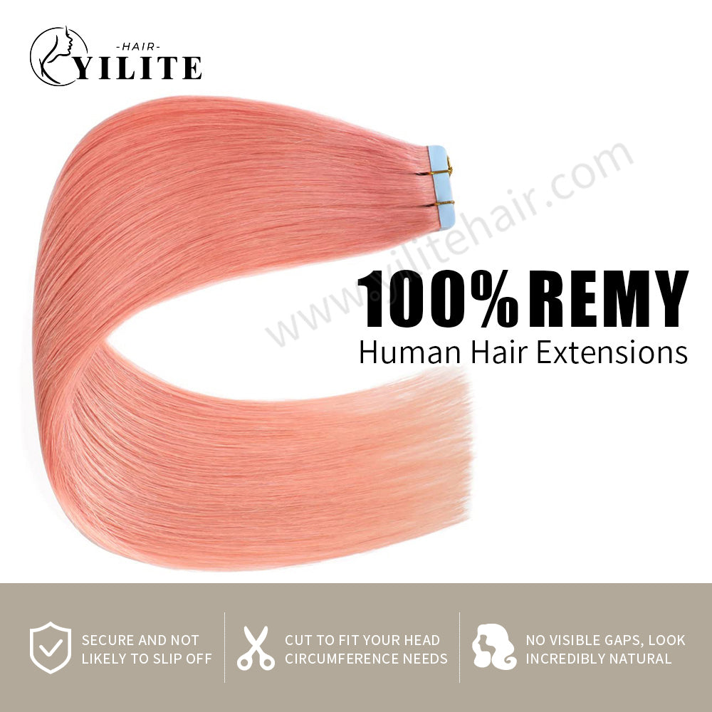 YILITE Tape In Hair Extensions 24Pcs Tape Ins Natural Remy Human Hair (#Rose Pink)