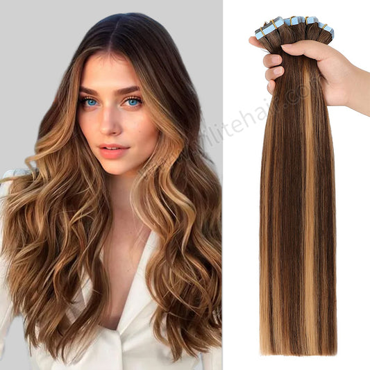 YILITE Tape In Hair Extensions 24Pcs Tape Ins Natural Remy Human Hair  (#P4/27/T4 Chocolate Brown to Caramel Blonde)