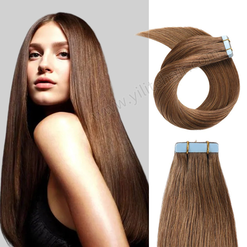 YILITE Tape In Hair Extensions 24Pcs Tape Ins Natural Remy Human Hair (#6 Chestnut Brown)