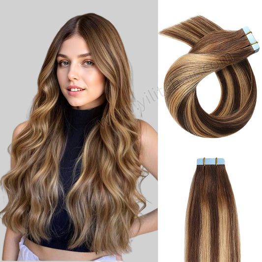 YILITE Tape In Hair Extensions 24Pcs Tape Ins Natural Remy Human Hair (#P4/27/T4 Chocolate Brown to Caramel Blonde)