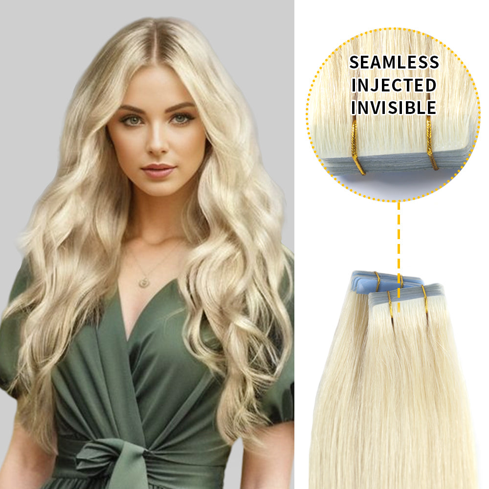 YILITE Seamless Injected Hand-Tied Invisible Tape In Hair Extension 20Pcs Virgin Human Hair (#60 Platinum Blonde)