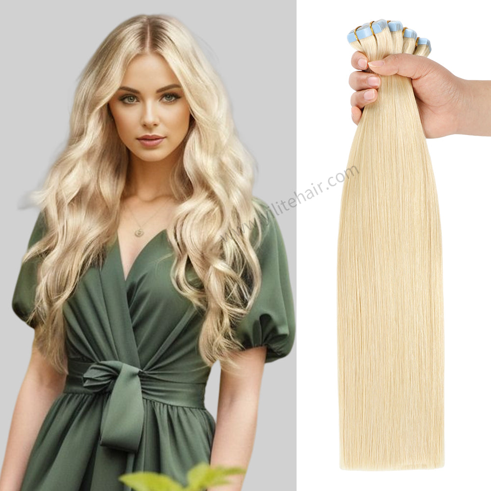 YILITE Tape In Hair Extensions 24Pcs Tape Ins Natural Remy Human Hair (#60 Platinum Blonde)