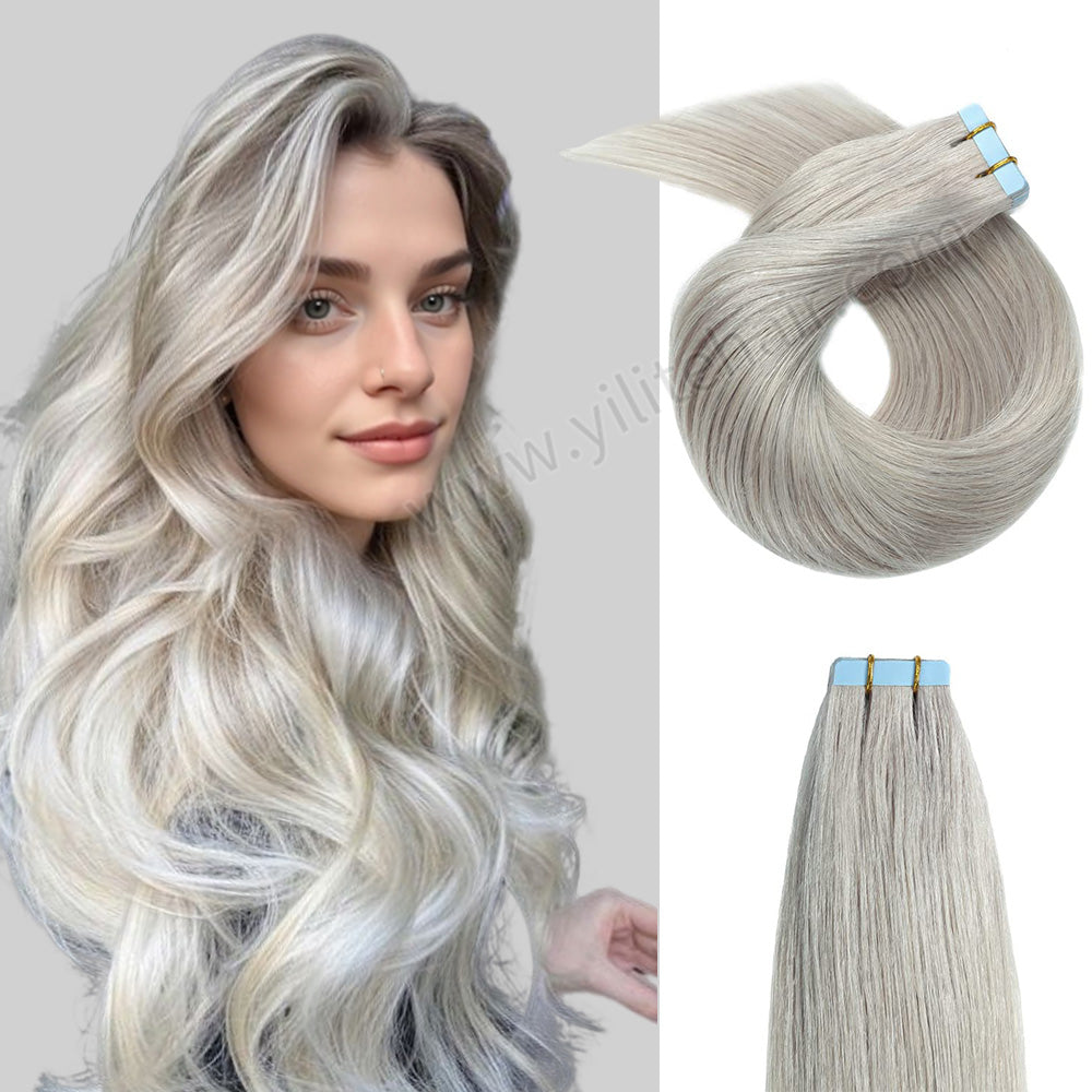 YILITE Tape In Hair Extensions 24Pcs Tape Ins Natural Remy Human Hair (#Silver)