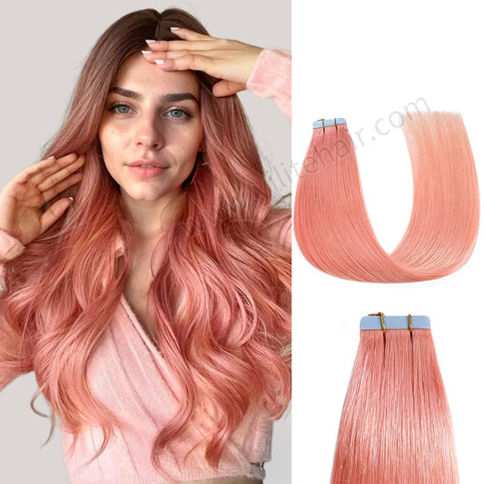 YILITE Tape In Hair Extensions 24Pcs Tape Ins Natural Remy Human Hair (#Rose Pink)