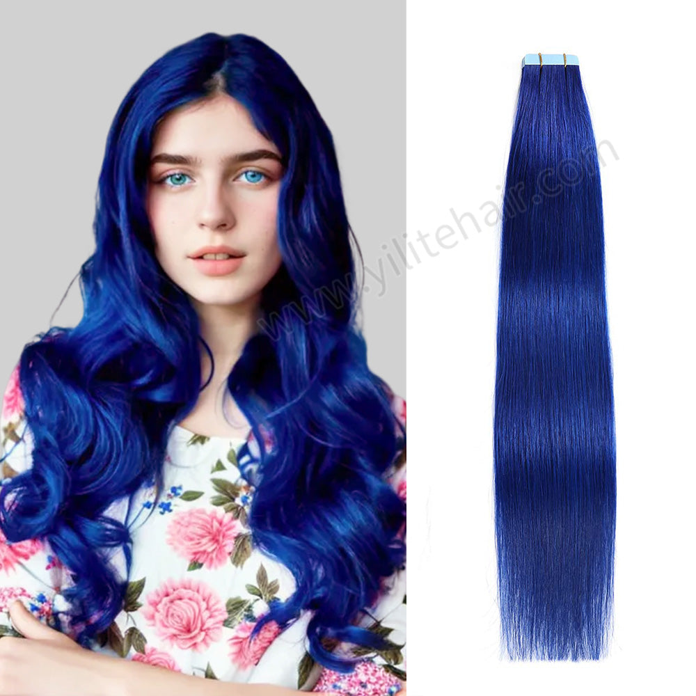 YILITE Tape In Hair Extensions 24Pcs Tape Ins Natural Remy Human Hair (#Blue)