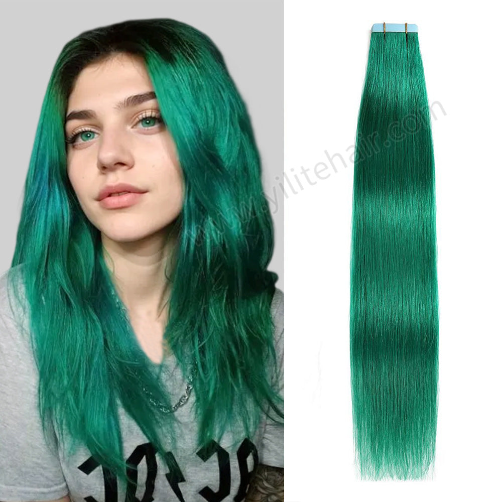 YILITE Tape In Hair Extensions 24Pcs Tape Ins Natural Remy Human Hair (#Teal Green)