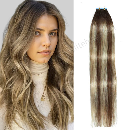 YILITE Tape In Hair Extensions 24Pcs Tape Ins Natural Remy Human Hair (#P6/613/T4)