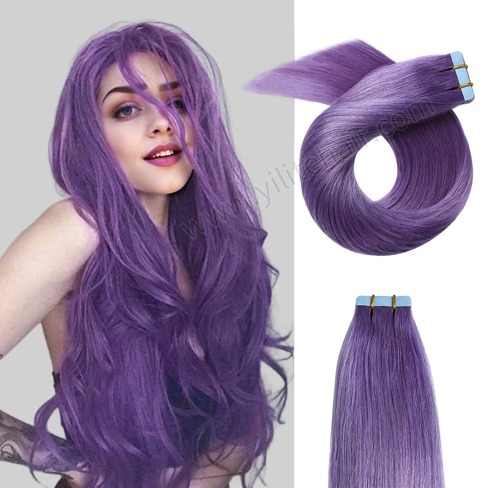 YILITE Tape In Hair Extensions 24Pcs Tape Ins Natural Remy Human Hair (#Purple)