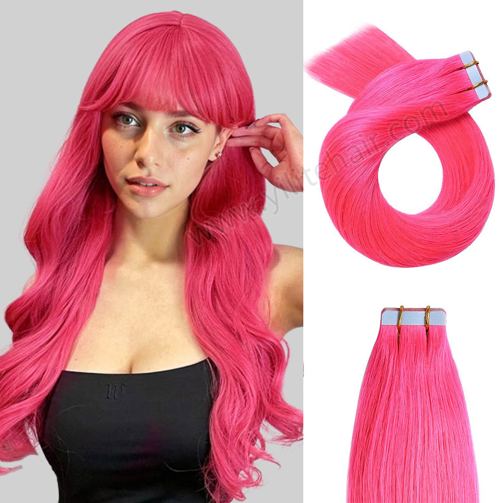 YILITE Tape In Hair Extensions 24Pcs Tape Ins Natural Remy Human Hair (#Hot Pink)