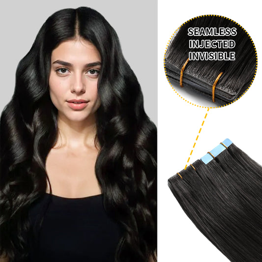 YILITE Seamless Injected Hand-Tied Invisible Tape In Hair Extension 20Pcs Virgin Human Hair (#1 Jet Black )