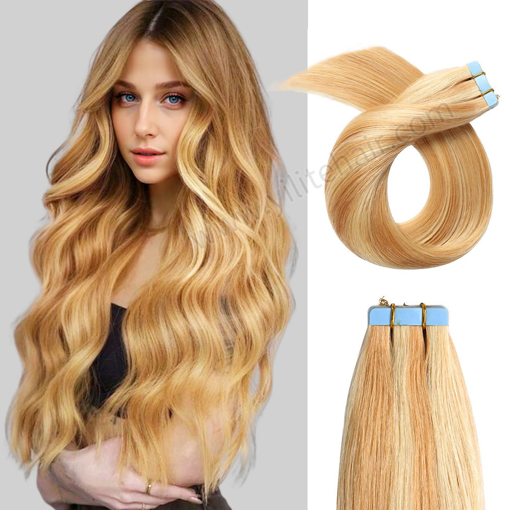 YILITE Tape In Hair Extensions 24Pcs Tape Ins Natural Remy Human Hair (#P27/613 Strawberry Blonde Mixed Bleach Blonde)