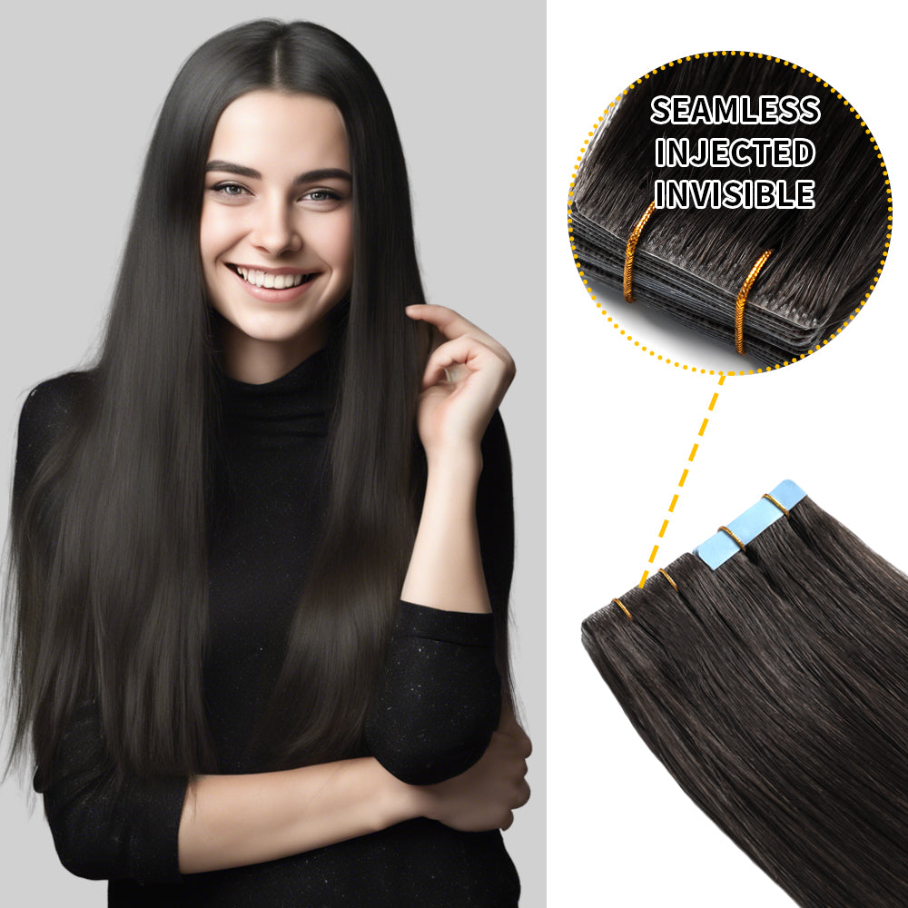 YILITE Seamless Injected Hand-Tied Invisible Tape In Hair Extension 20Pcs Virgin Human Hair (#1B )