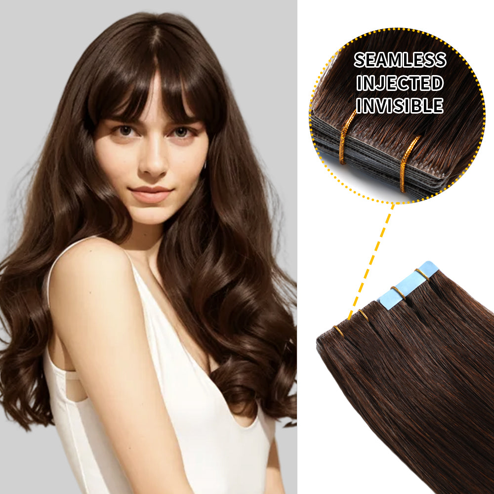 YILITE Seamless Injected Hand-Tied Invisible Tape In Hair Extension 20Pcs Virgin Human Hair (#2 Darkest Brown)